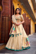 Kalyani cream shimmer paithani zari weaving green border lehenga choli set