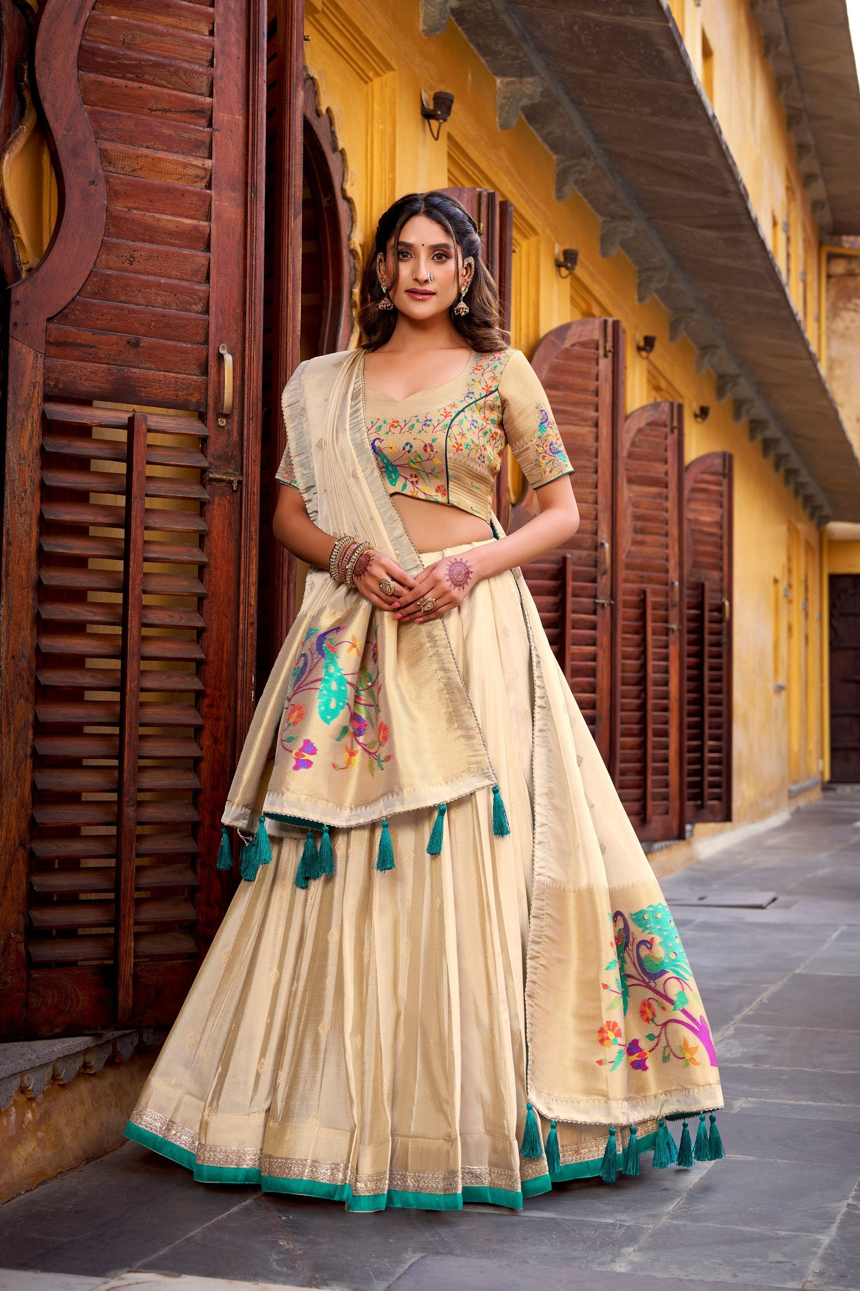 Kalyani cream shimmer paithani zari weaving green border lehenga choli set