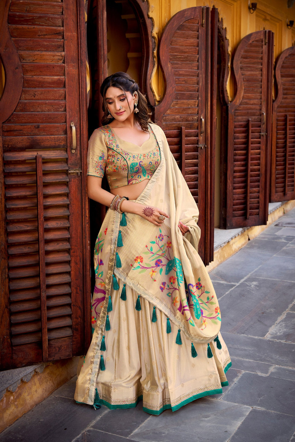 Kalyani cream shimmer paithani zari weaving green border lehenga choli set