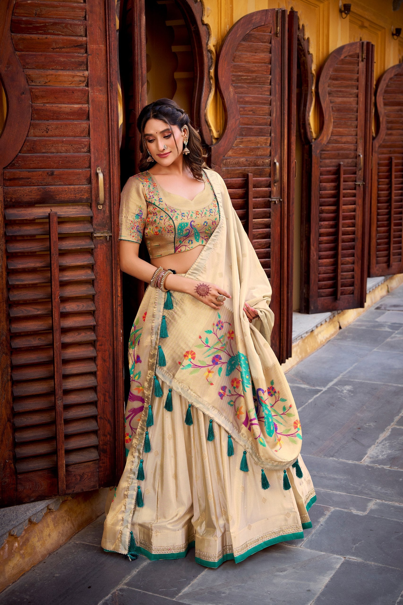 Kalyani cream shimmer paithani zari weaving green border lehenga choli set
