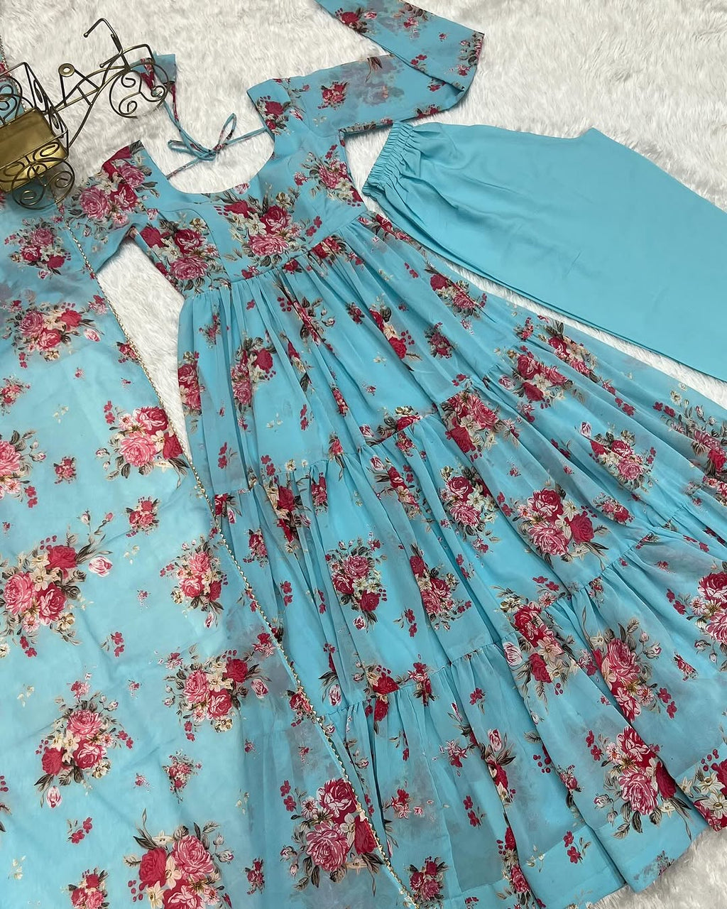 Kanika Sky Blue Flared Georgette Huge Flair Anarkali Suit Set
