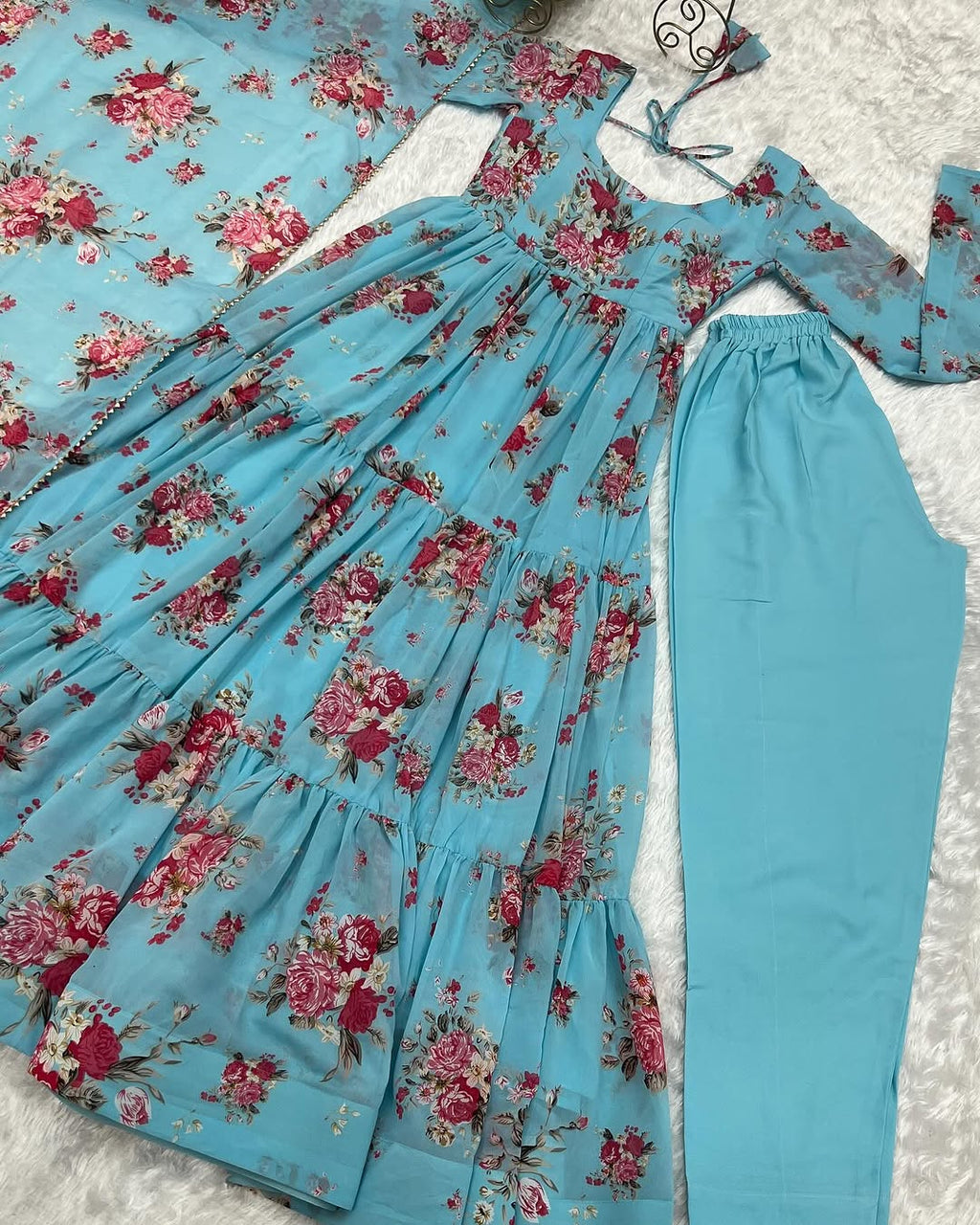 Kanika Sky Blue Flared Georgette Huge Flair Anarkali Suit Set