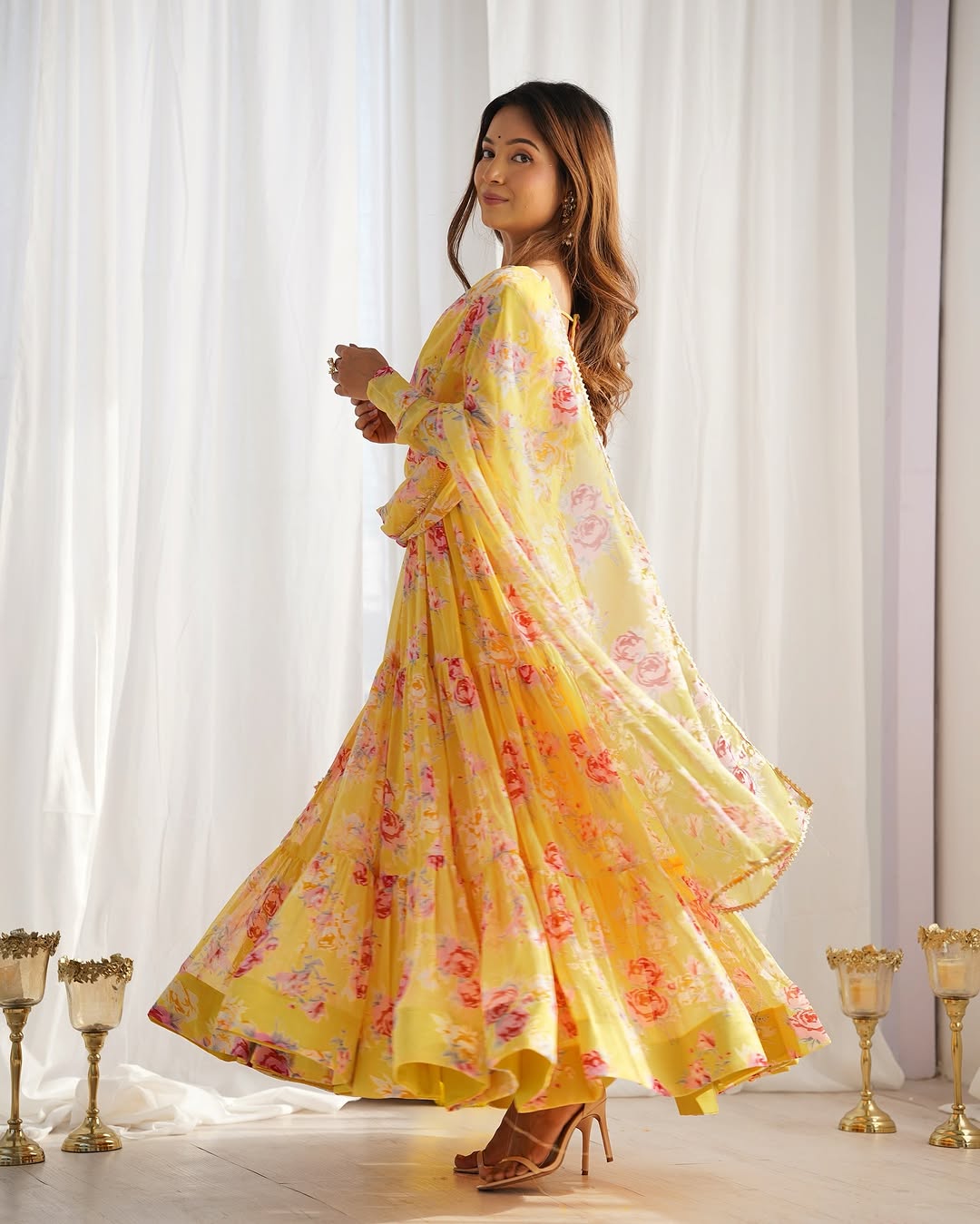 Kanika soft georgette huge flair yellow anarkali suit set