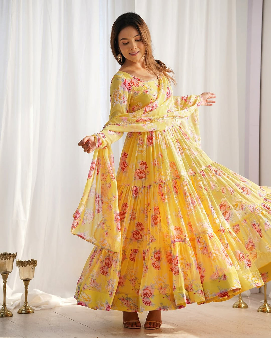 Kanika soft georgette huge flair yellow anarkali suit set