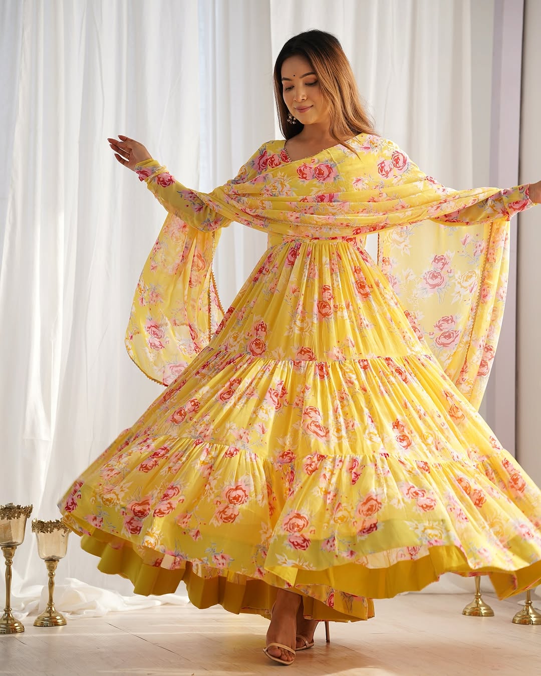 Kanika soft georgette huge flair yellow anarkali suit set