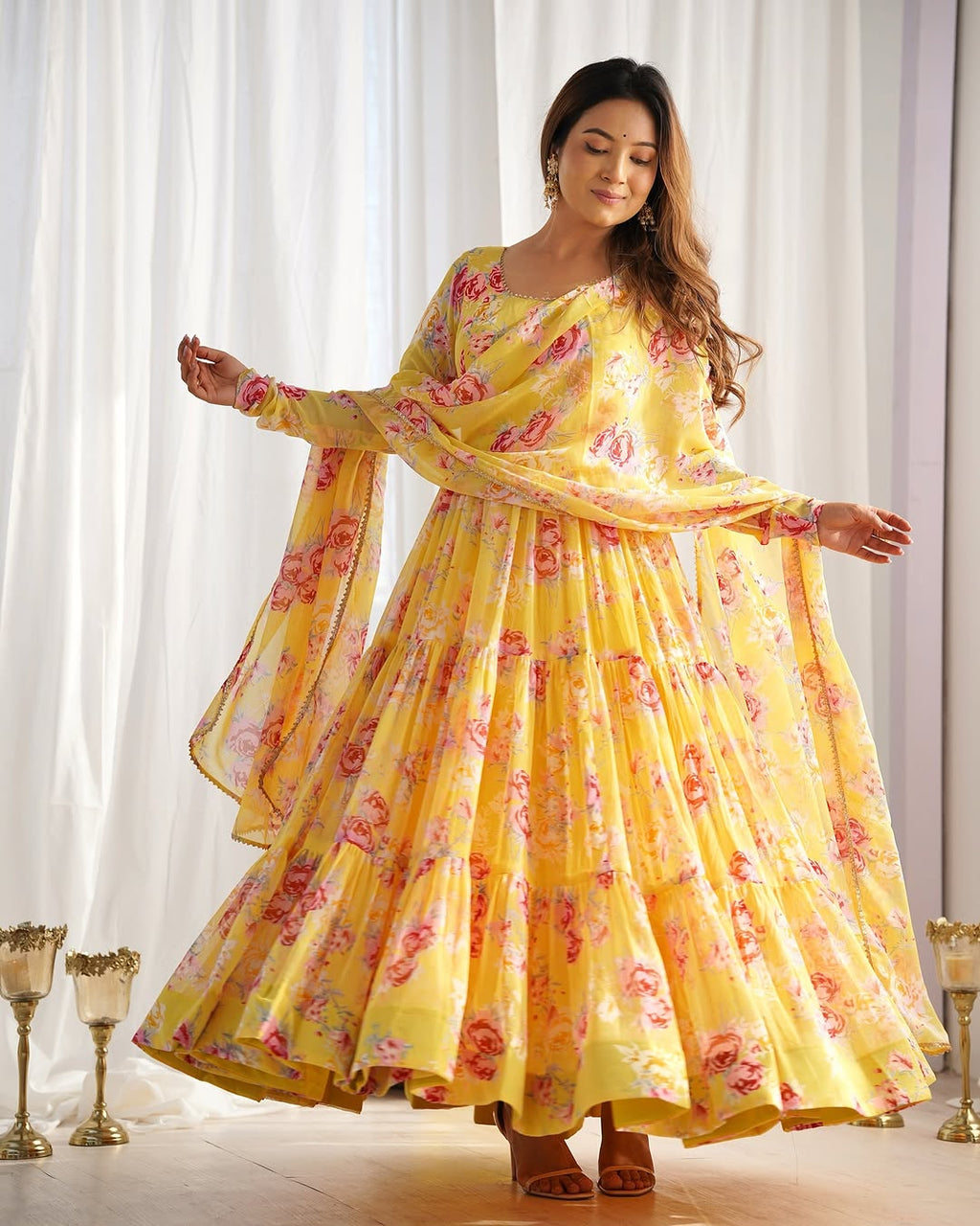 Kanika soft georgette huge flair yellow anarkali suit set