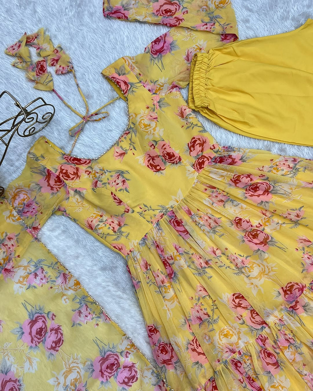 Kanika soft georgette huge flair yellow anarkali suit set