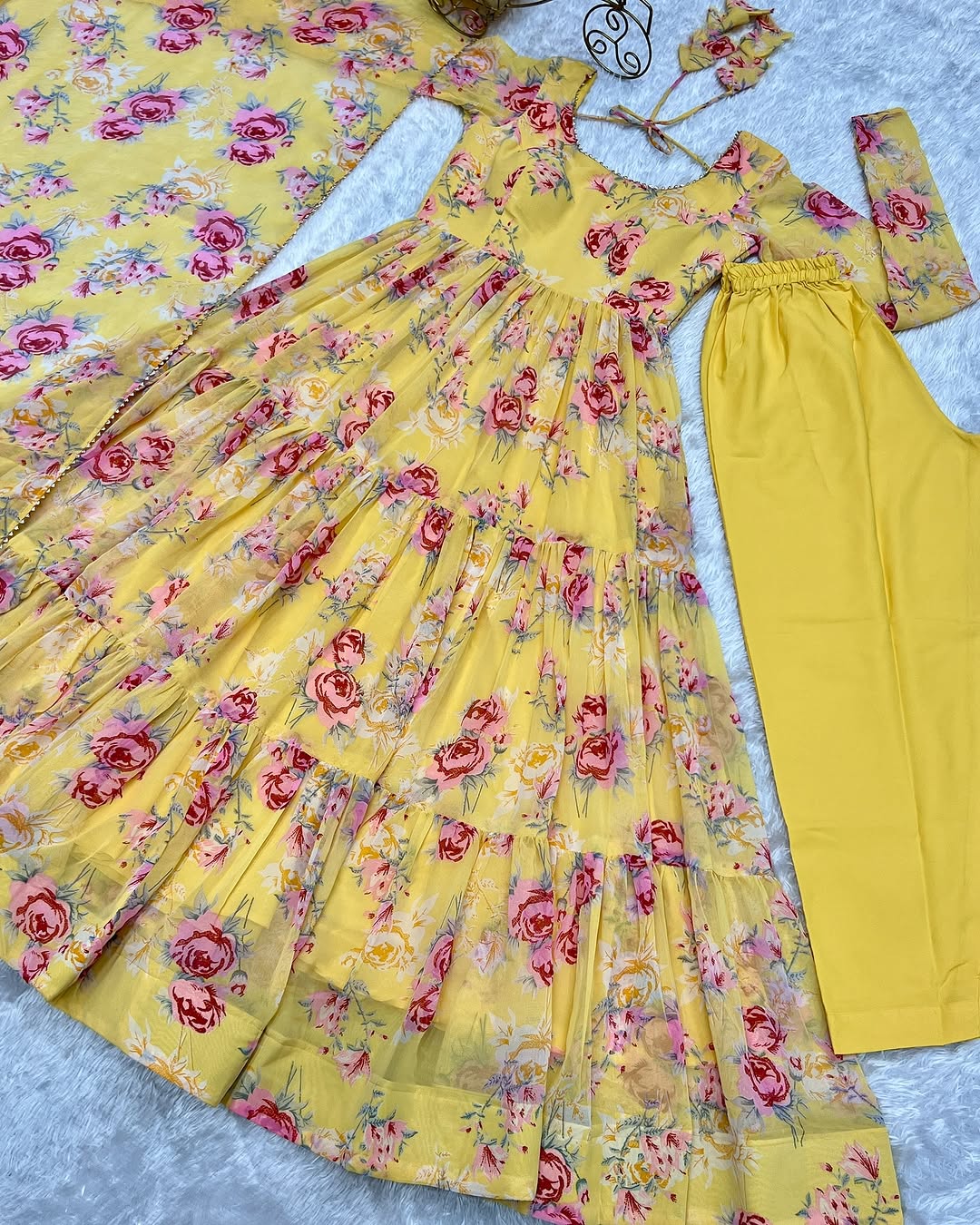 Kanika soft georgette huge flair yellow anarkali suit set