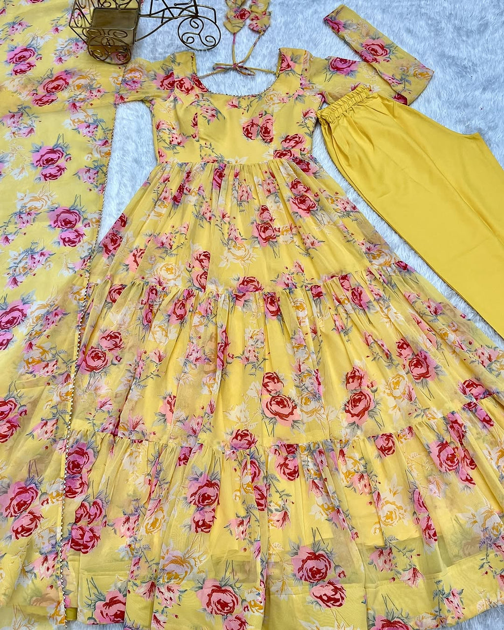 Kanika soft georgette huge flair yellow anarkali suit set
