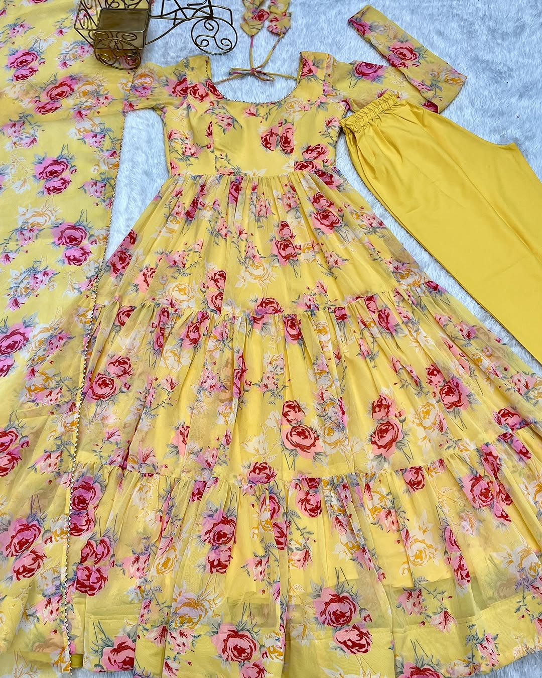 Kanika soft georgette huge flair yellow anarkali suit set