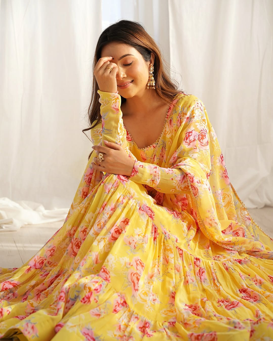 Kanika soft georgette huge flair yellow anarkali suit set