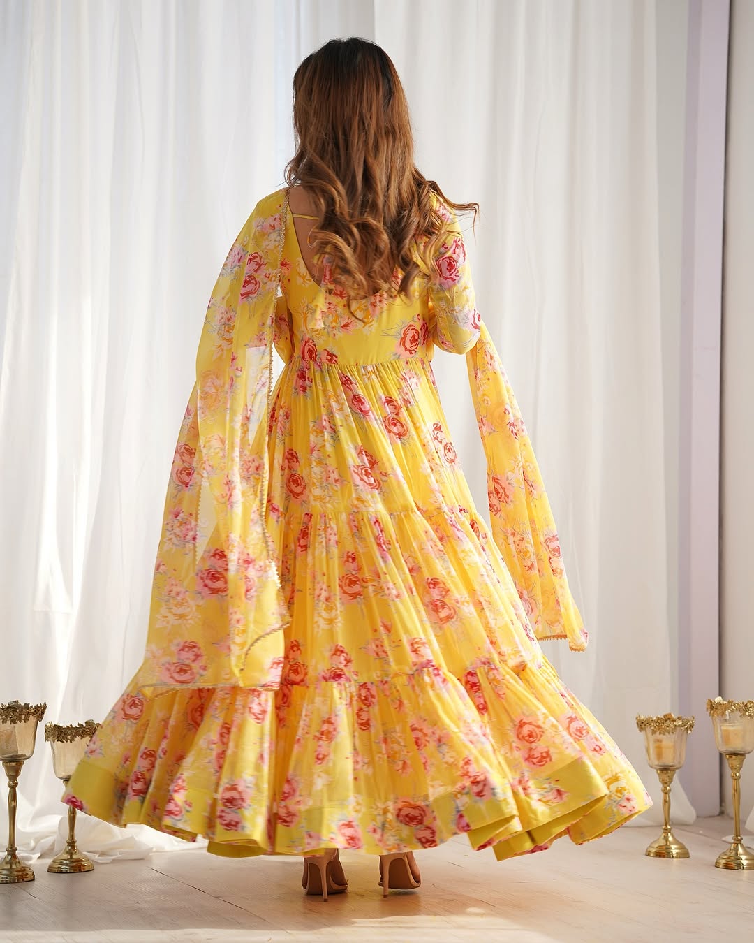 Kanika soft georgette huge flair yellow anarkali suit set