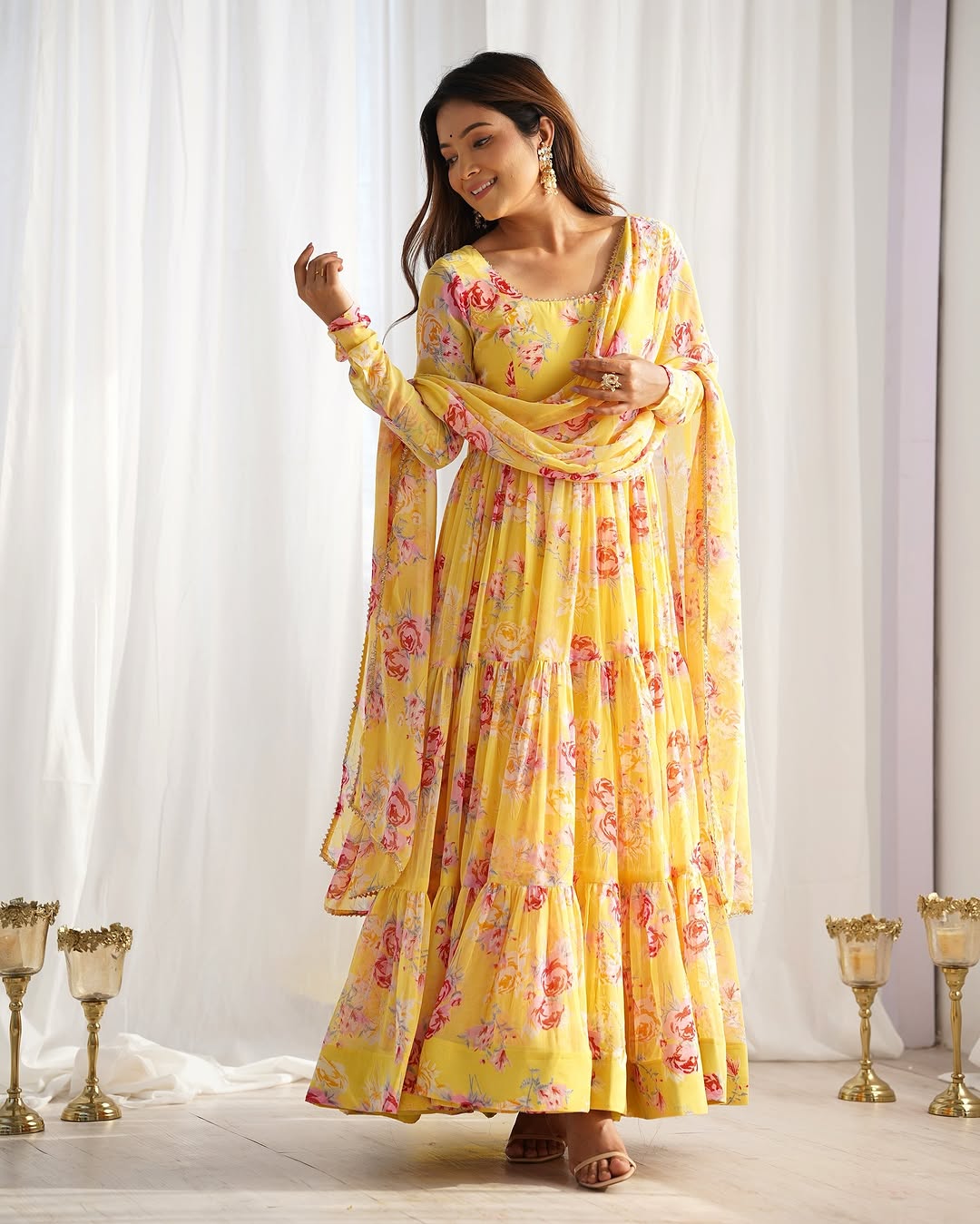 Kanika soft georgette huge flair yellow anarkali suit set