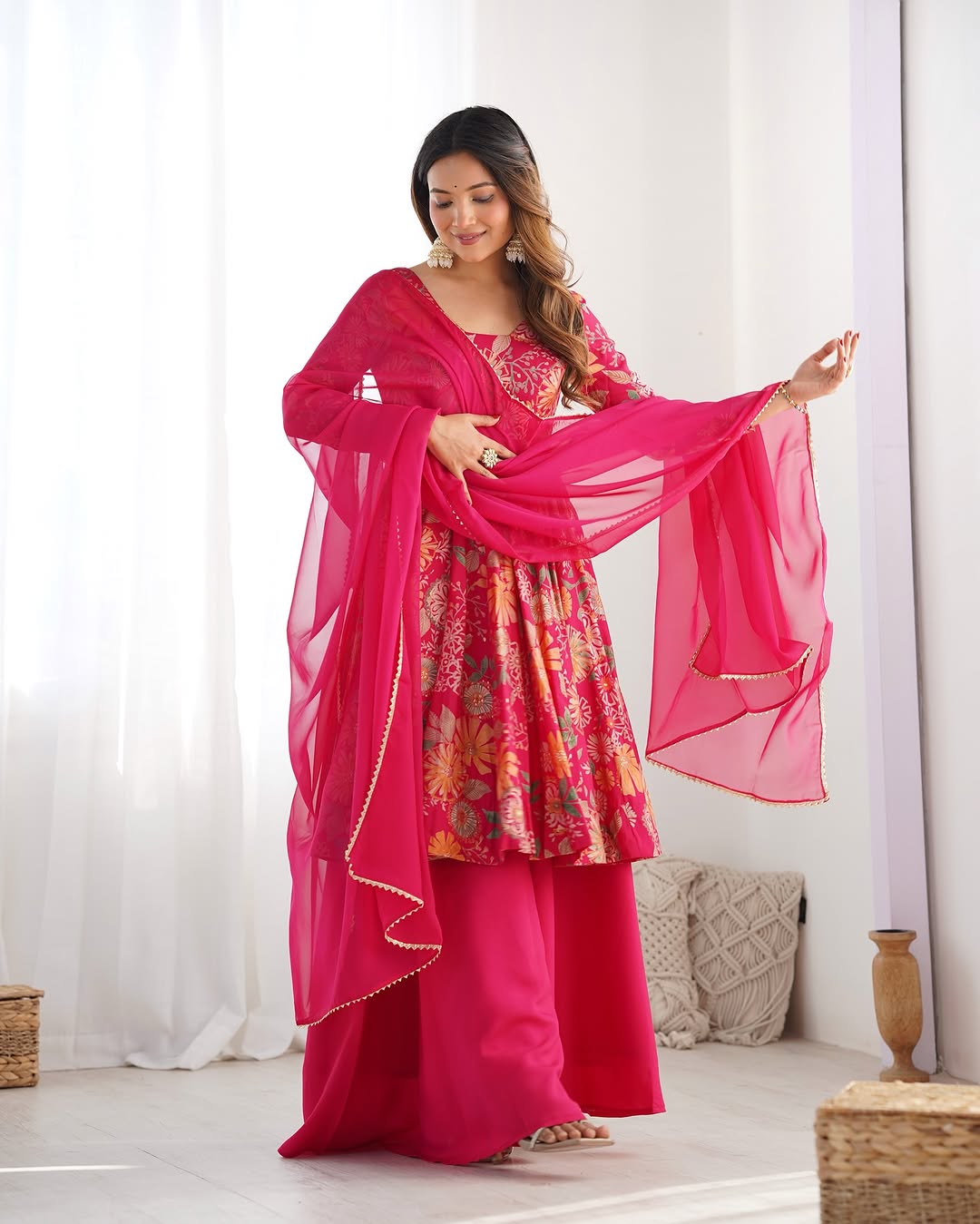 Pink Roman silk Karisma designer kurti palazzo set