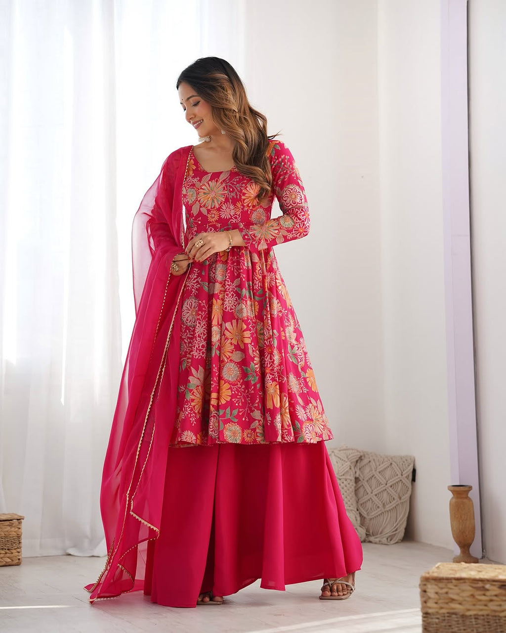 Pink Roman silk Karisma designer kurti palazzo set