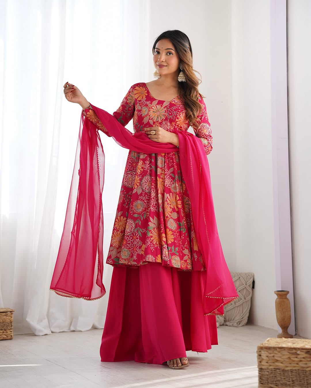 Pink Roman silk Karisma designer kurti palazzo set