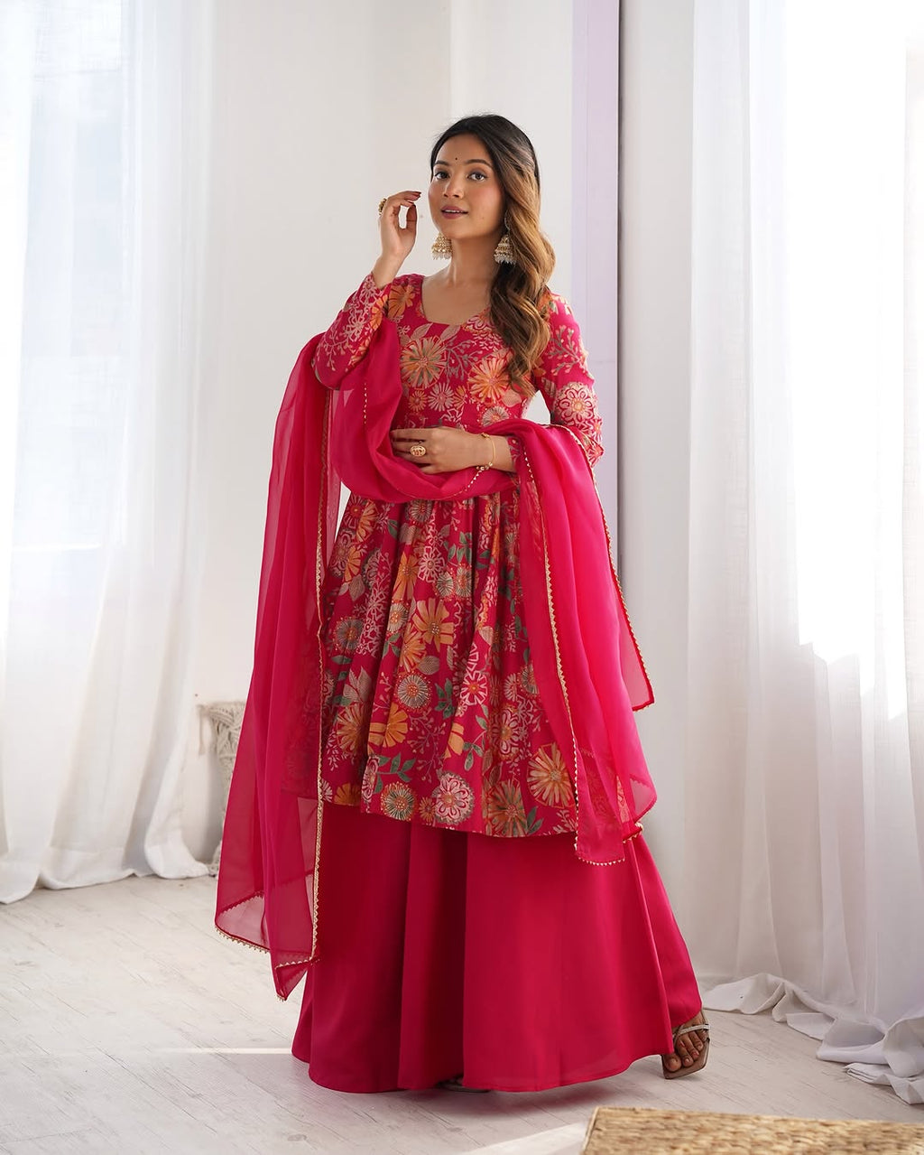 Pink Roman silk Karisma designer kurti palazzo set