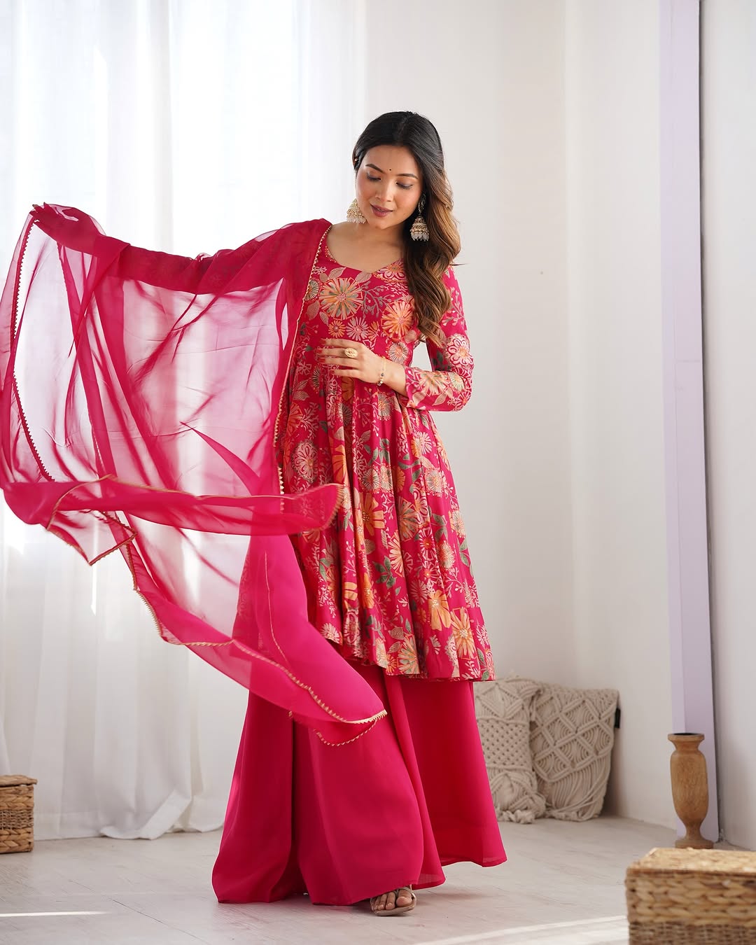 Pink Roman silk Karisma designer kurti palazzo set