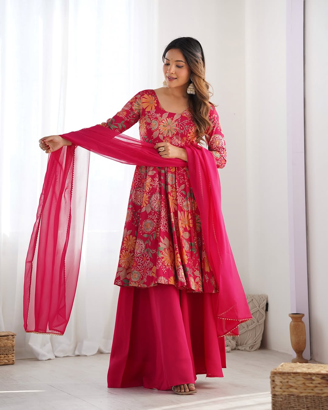 Pink Roman silk Karisma designer kurti palazzo set