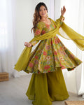 Karisma Green Kurti Plazzo Set – Roman Silk Chanderi kurti with discharge print, paired with plain Roman silk plazzo and soft tabby organza dupatta with lace border; lightweight, elegant ethnic set ideal for festive, office, or casual wear.