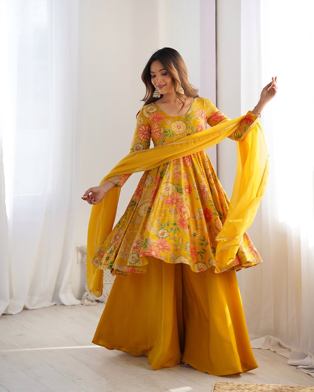 Yellow Roman silk Karisma designer kurti palazzo set