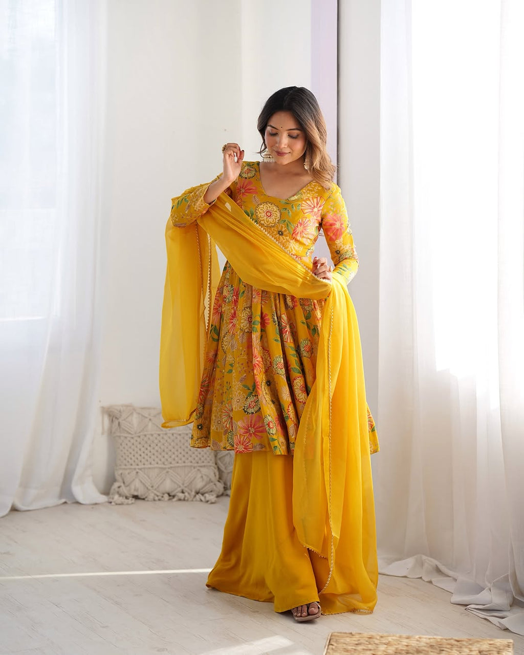 Yellow Roman silk Karisma designer kurti palazzo set