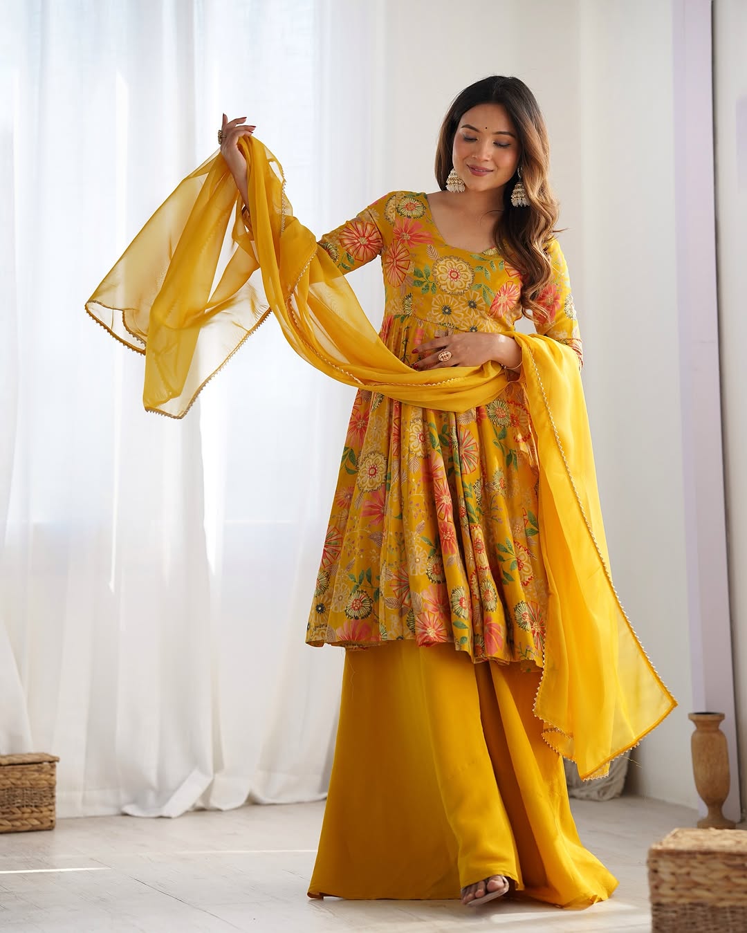 Yellow Roman silk Karisma designer kurti palazzo set