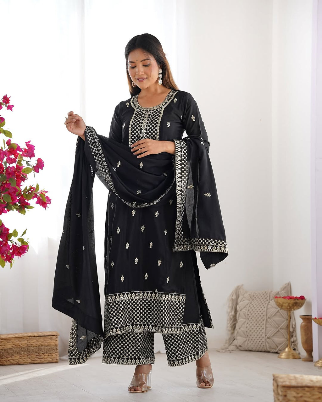 Kripali Black Pure Chinon Silk Embroidered Kurti Set