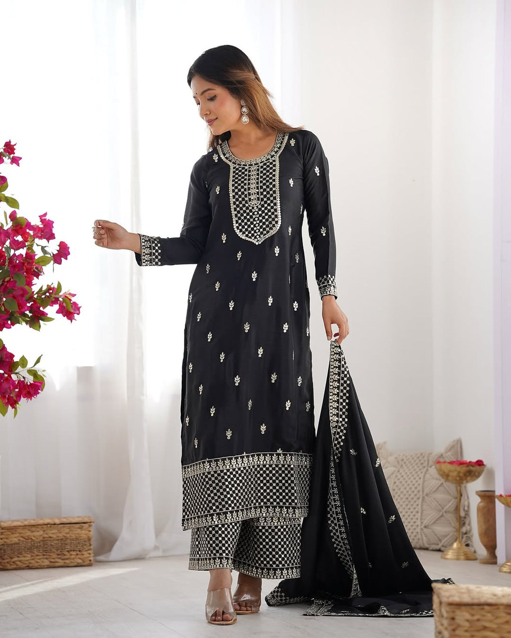  Kripali black pure Chinon silk embroidered kurti set featuring intricate zari thread and sequin embroidery, paired with matching silk trousers and a designer dupatta – perfect for luxury wedding, festive, and formal occasions in 2025.