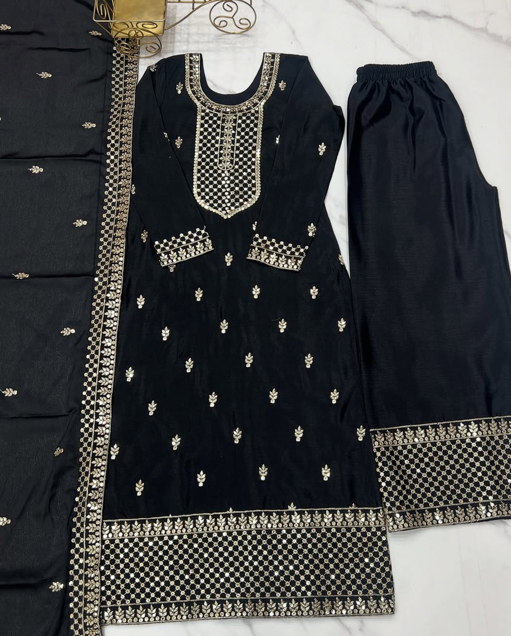 Kripali Black Pure Chinon Silk Embroidered Kurti Set