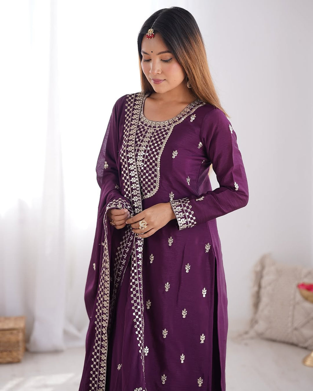  Kripali purple pure Chinon silk embroidered kurti set featuring intricate zari thread and sequin embroidery, paired with matching silk trousers and a designer dupatta – perfect for luxury wedding, festive, and formal occasions in 2025.