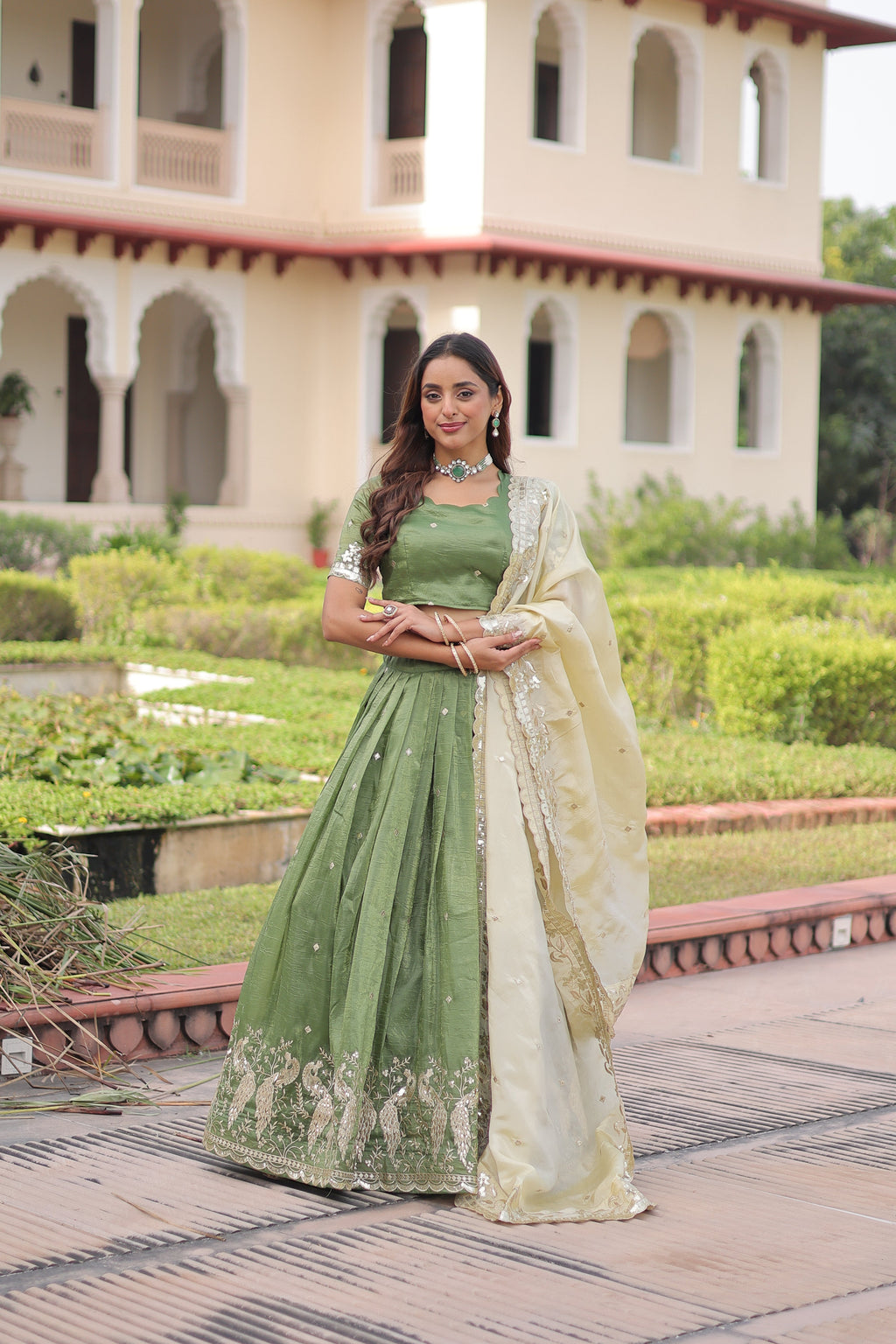 Nirika green gold crush lehenga choli with sequins zari embroidered work
