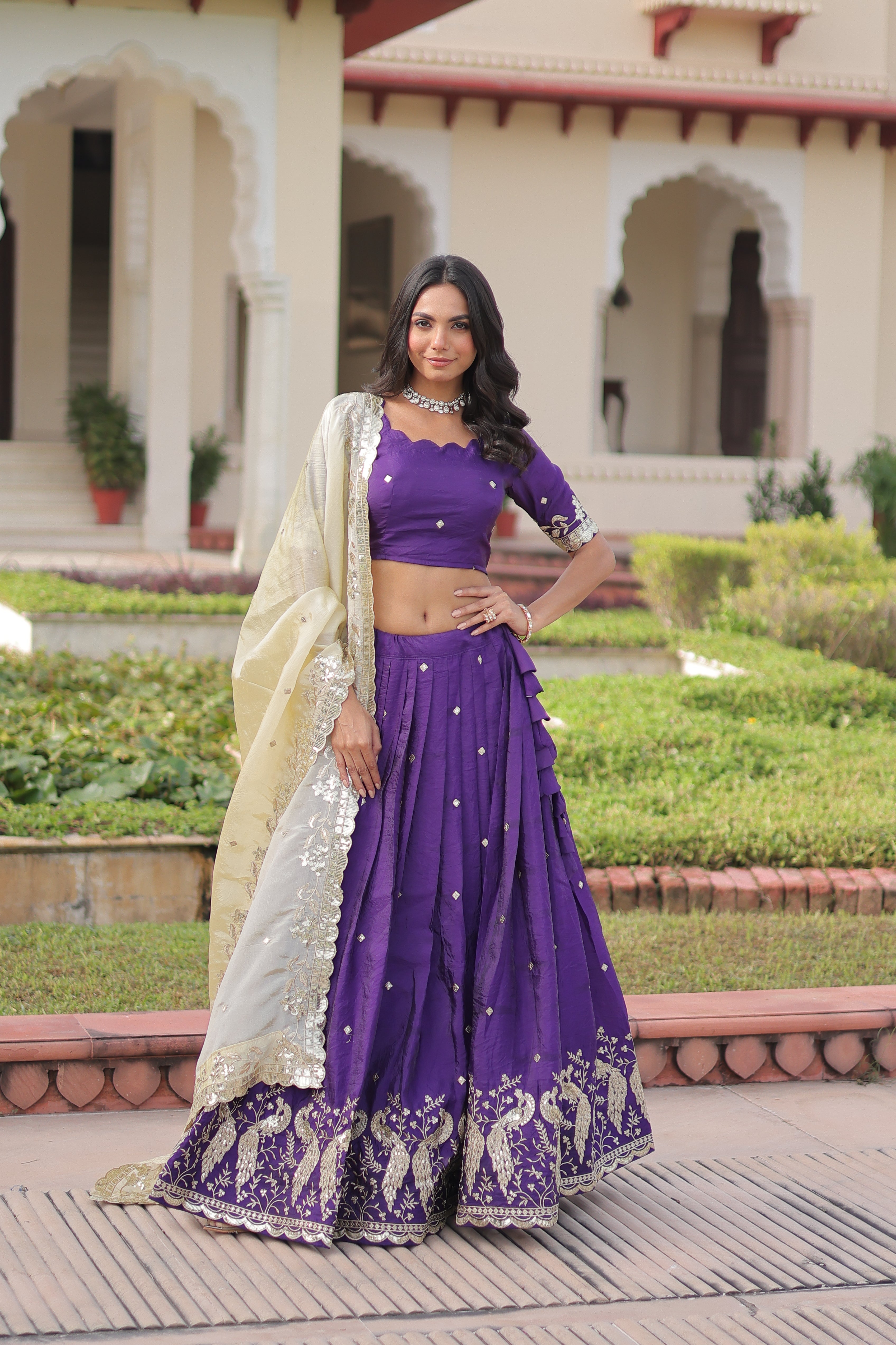 Nirika purple gold crush lehenga choli with sequins zari embroidered work