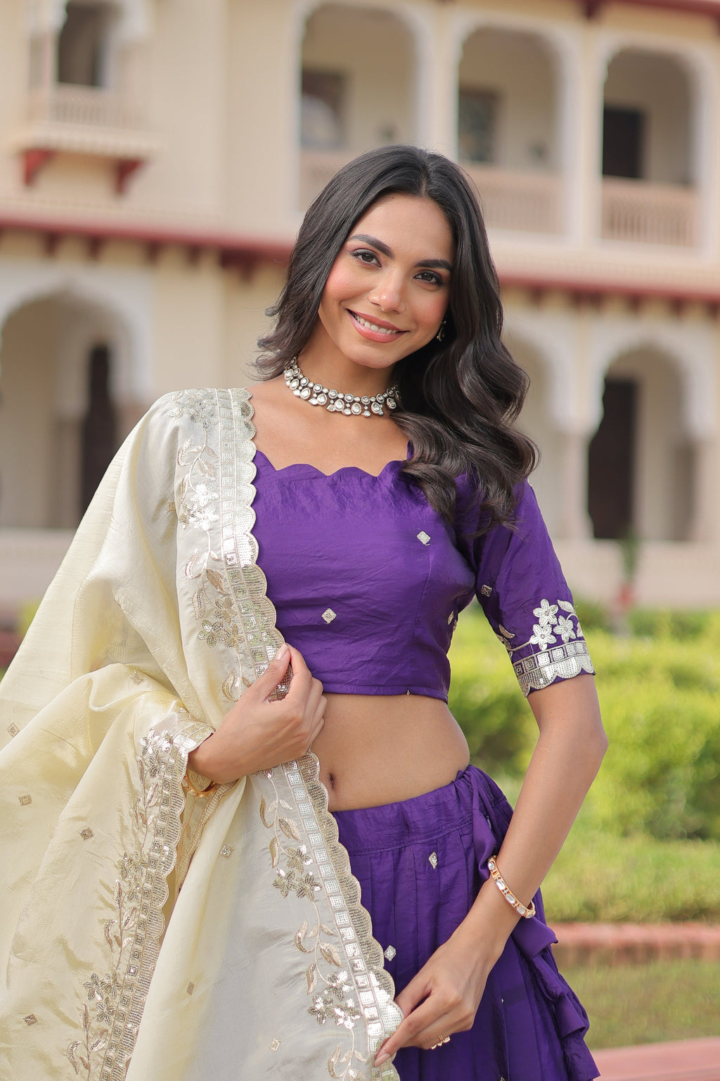 Nirika purple gold crush lehenga choli with sequins zari embroidered work