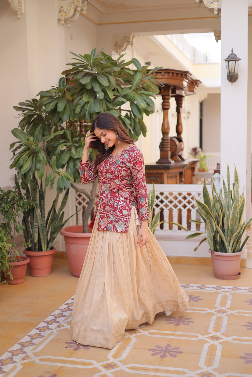 Nevara maroon cosmos weaving jacquard work lehenga choli