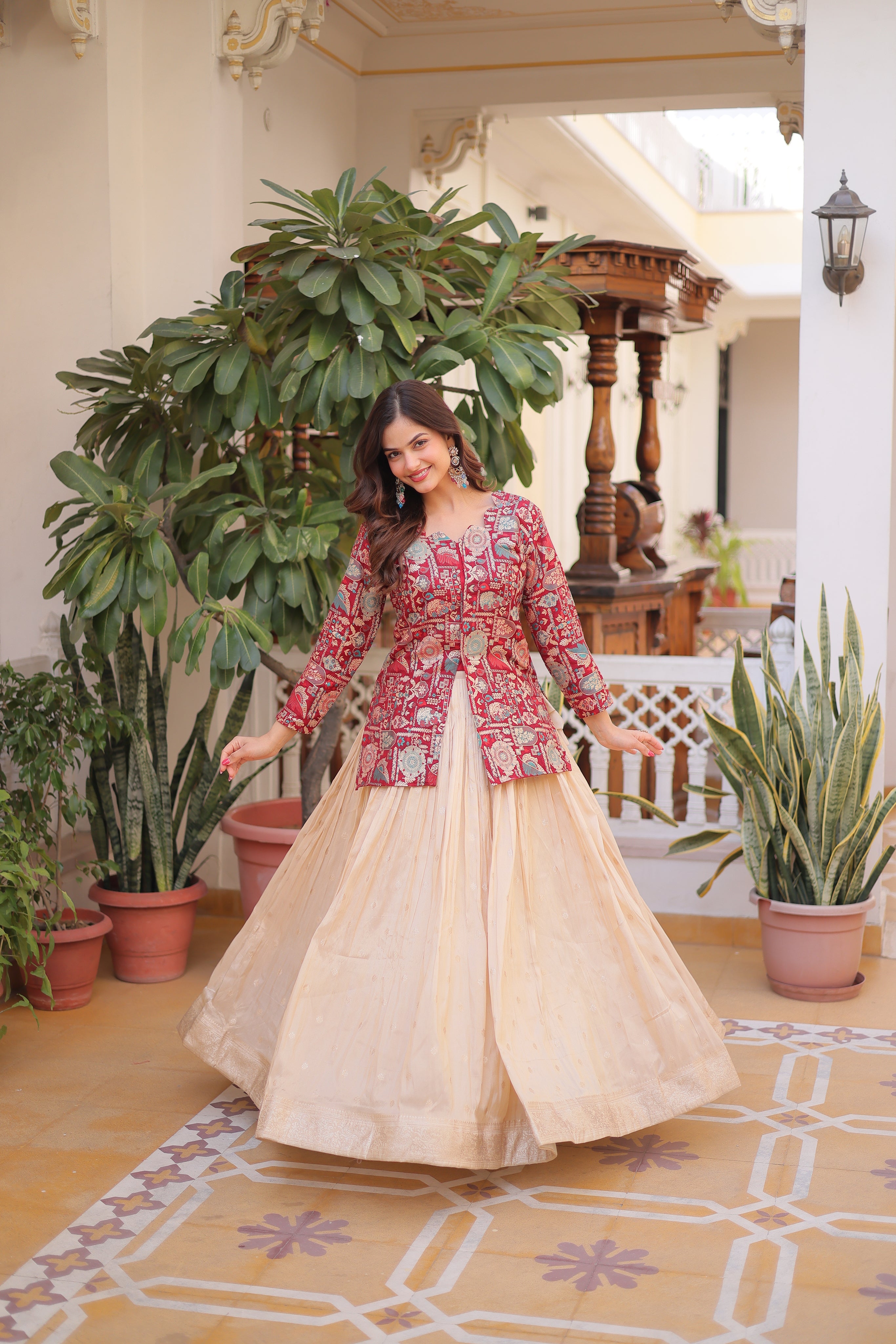 Nevara maroon cosmos weaving jacquard work lehenga choli