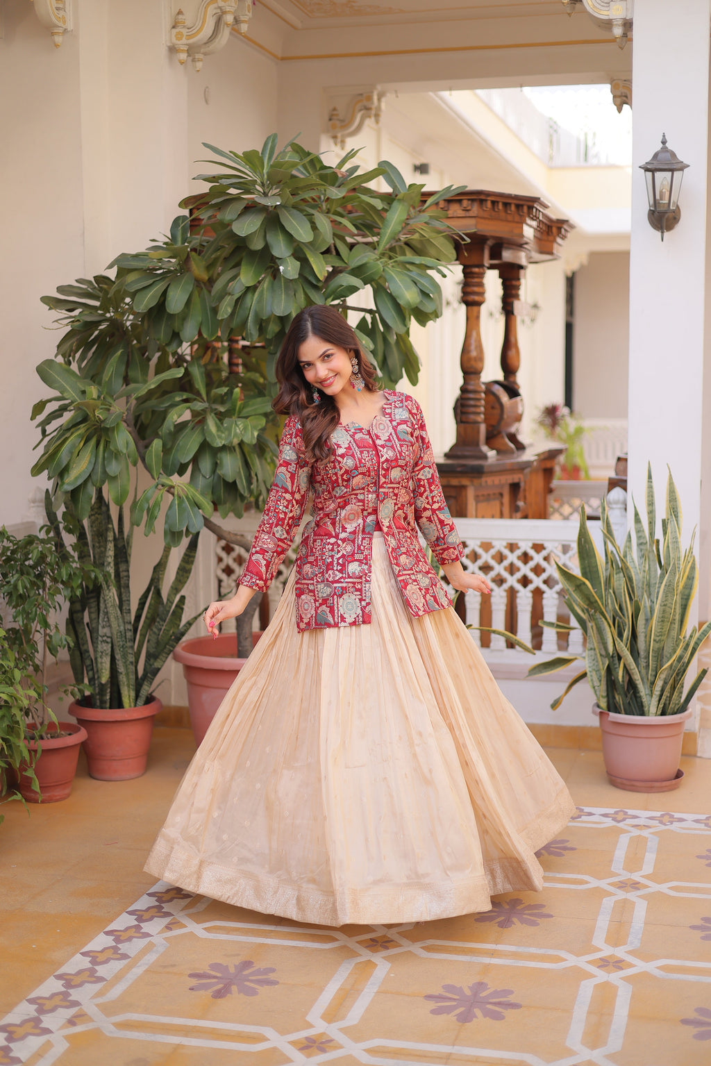 Nevara maroon cosmos weaving jacquard work lehenga choli