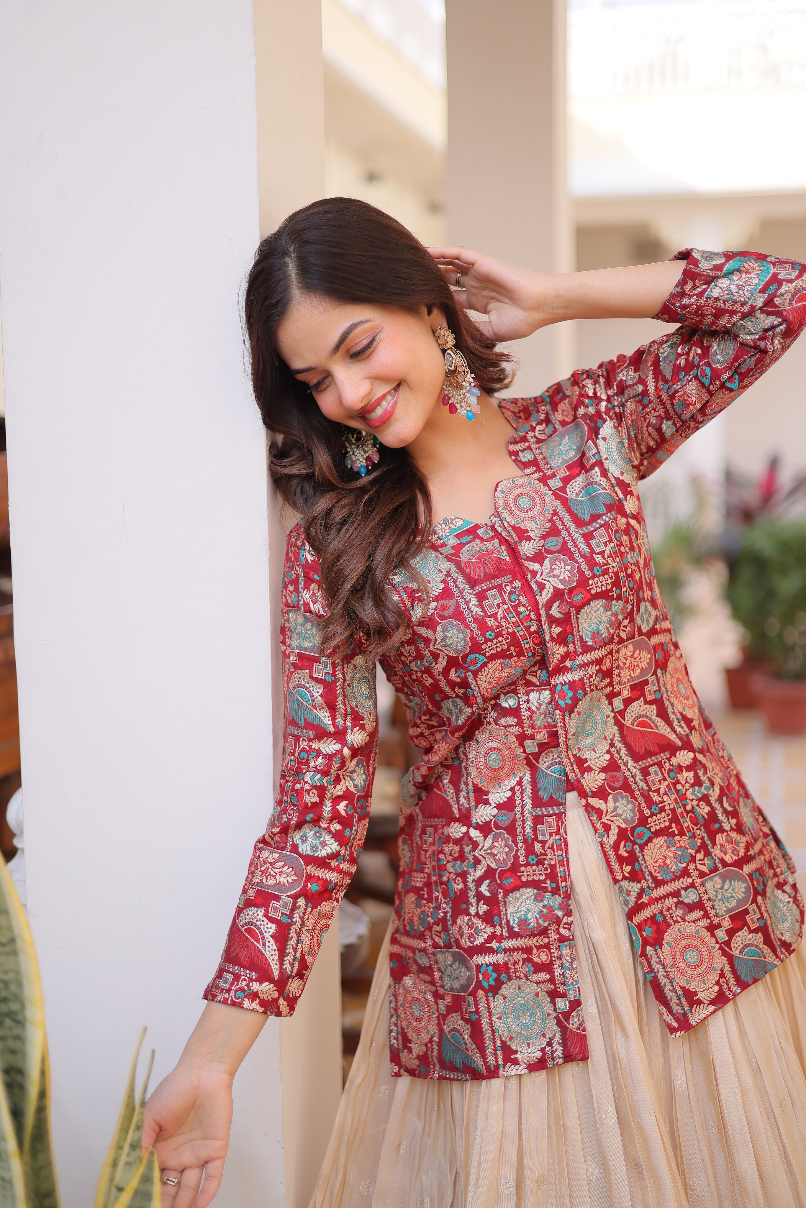 Nevara maroon cosmos weaving jacquard work lehenga choli