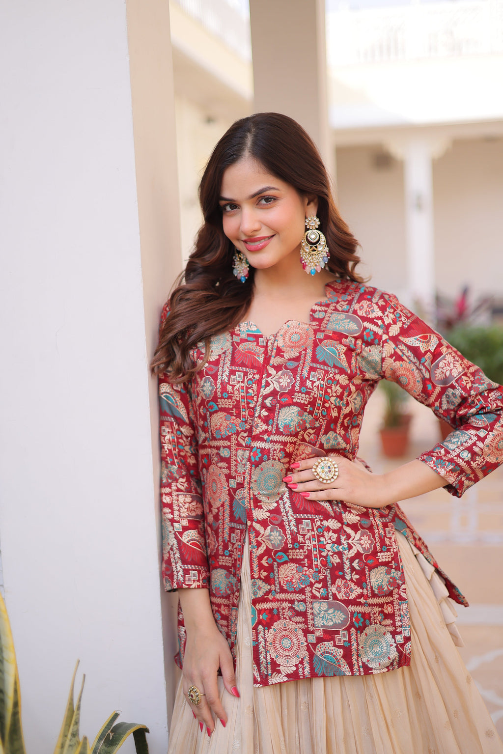 Nevara maroon cosmos weaving jacquard work lehenga choli