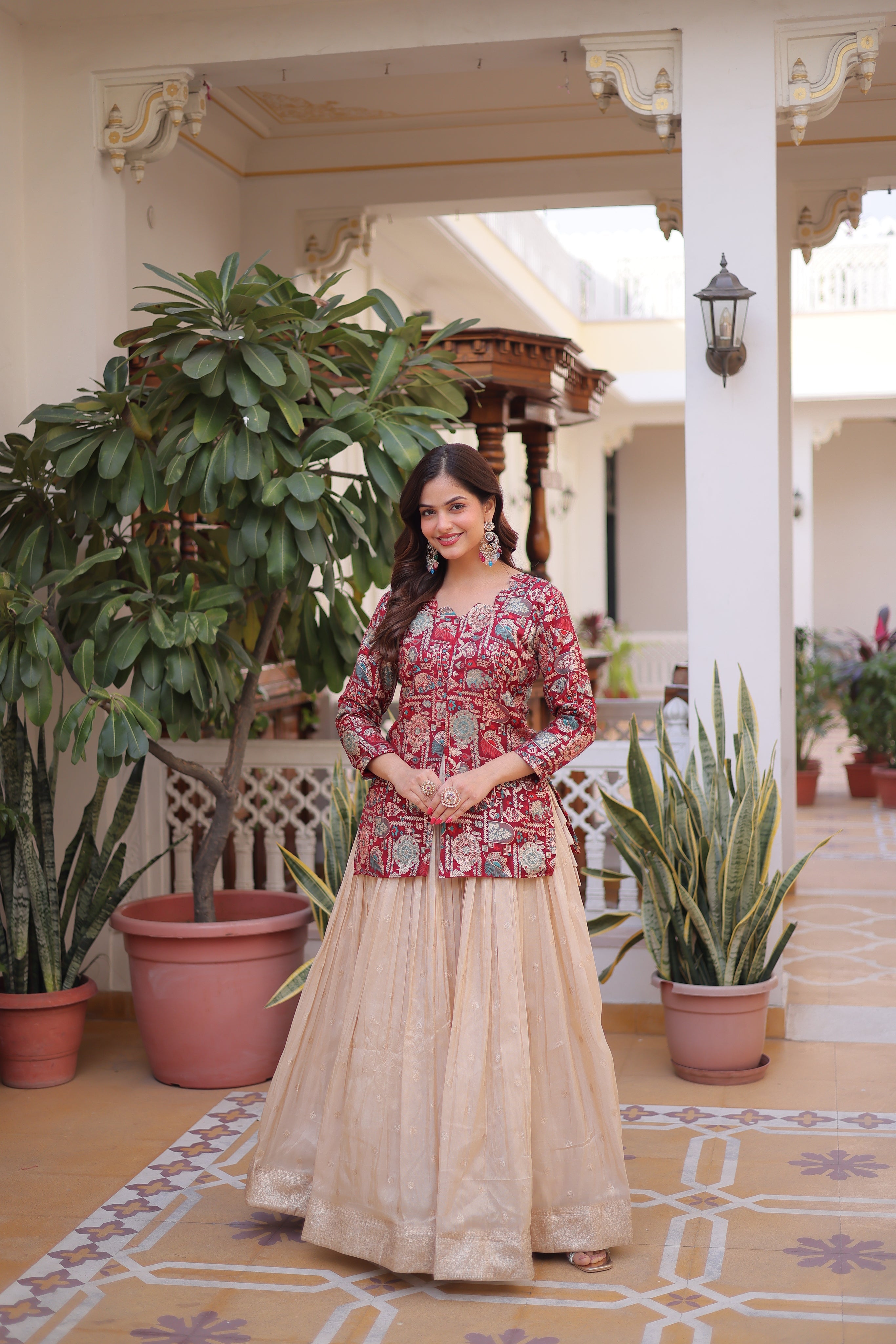 Nevara maroon cosmos weaving jacquard work lehenga choli