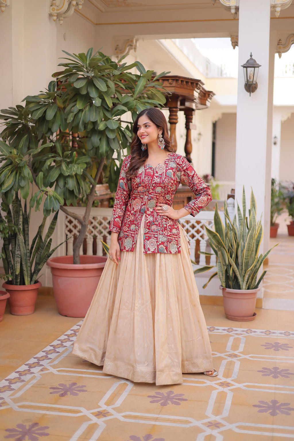 Nevara maroon cosmos weaving jacquard work lehenga choli