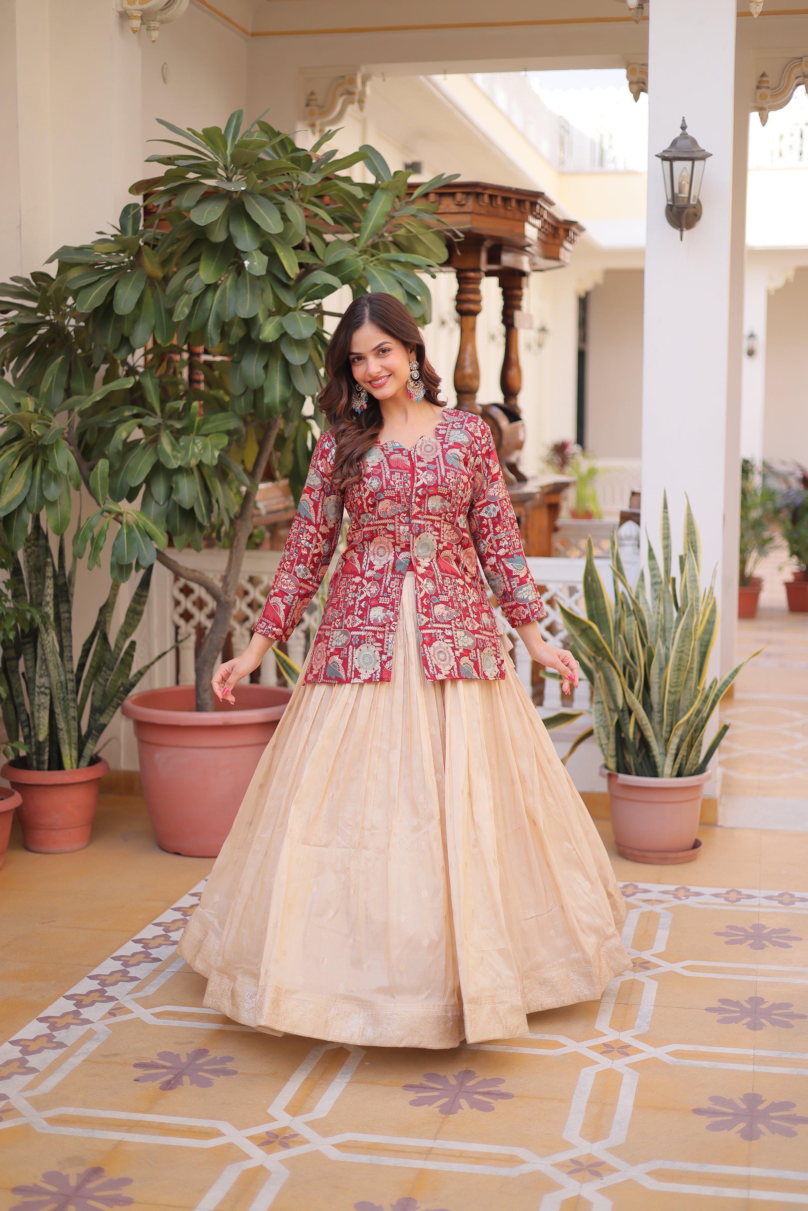 Nevara maroon cosmos weaving jacquard work lehenga choli