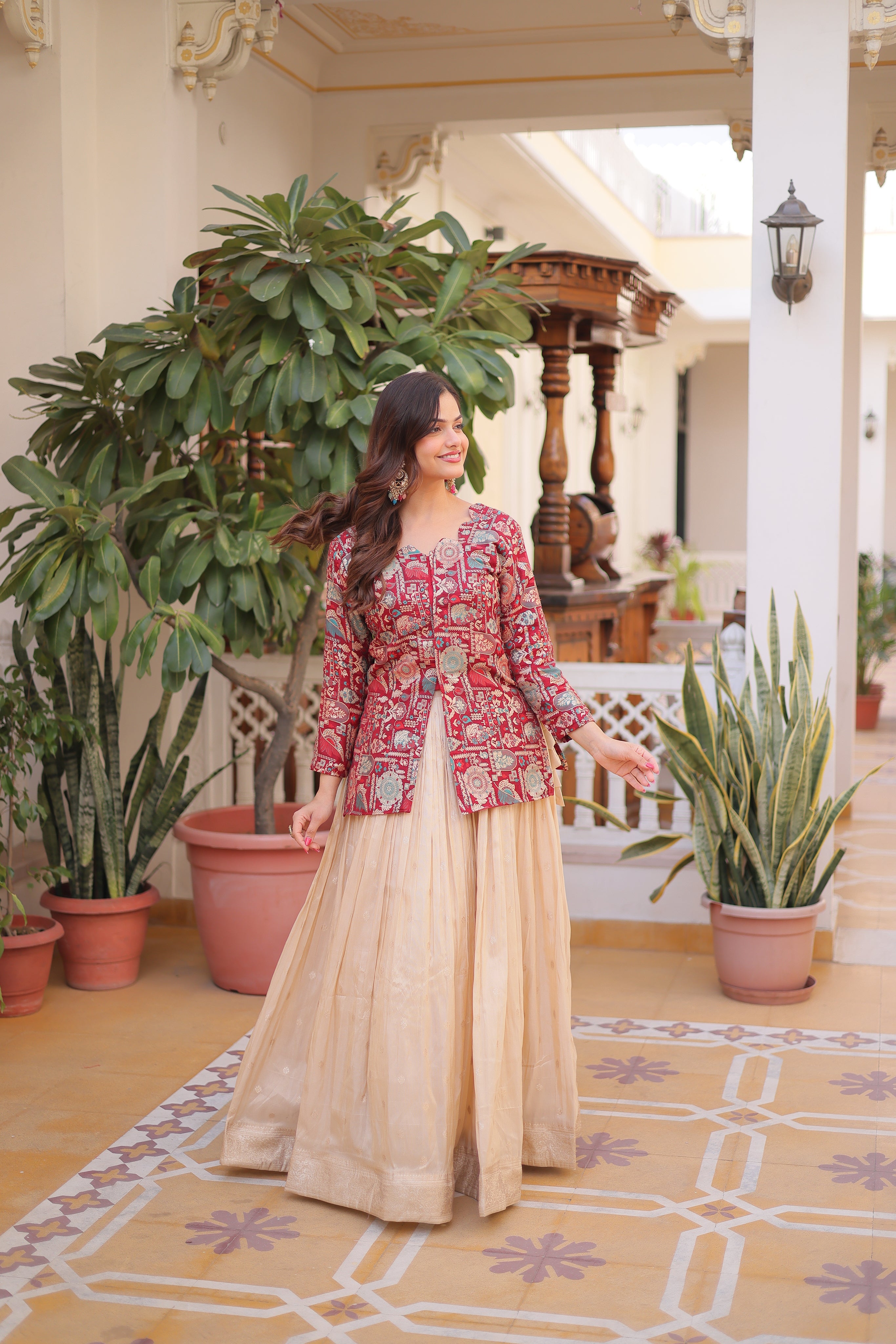 Nevara maroon cosmos weaving jacquard work lehenga choli
