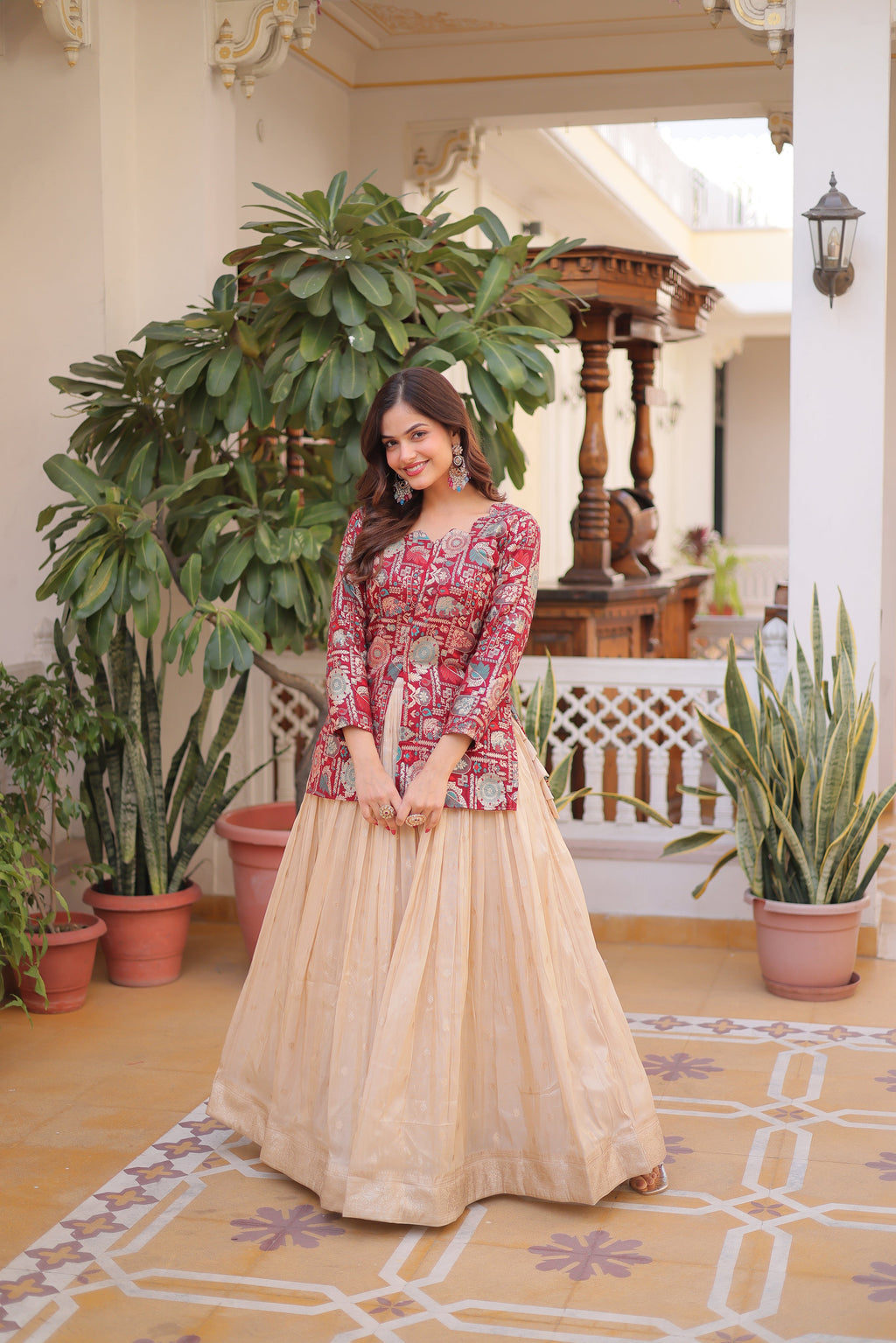 Nevara maroon cosmos weaving jacquard work lehenga choli