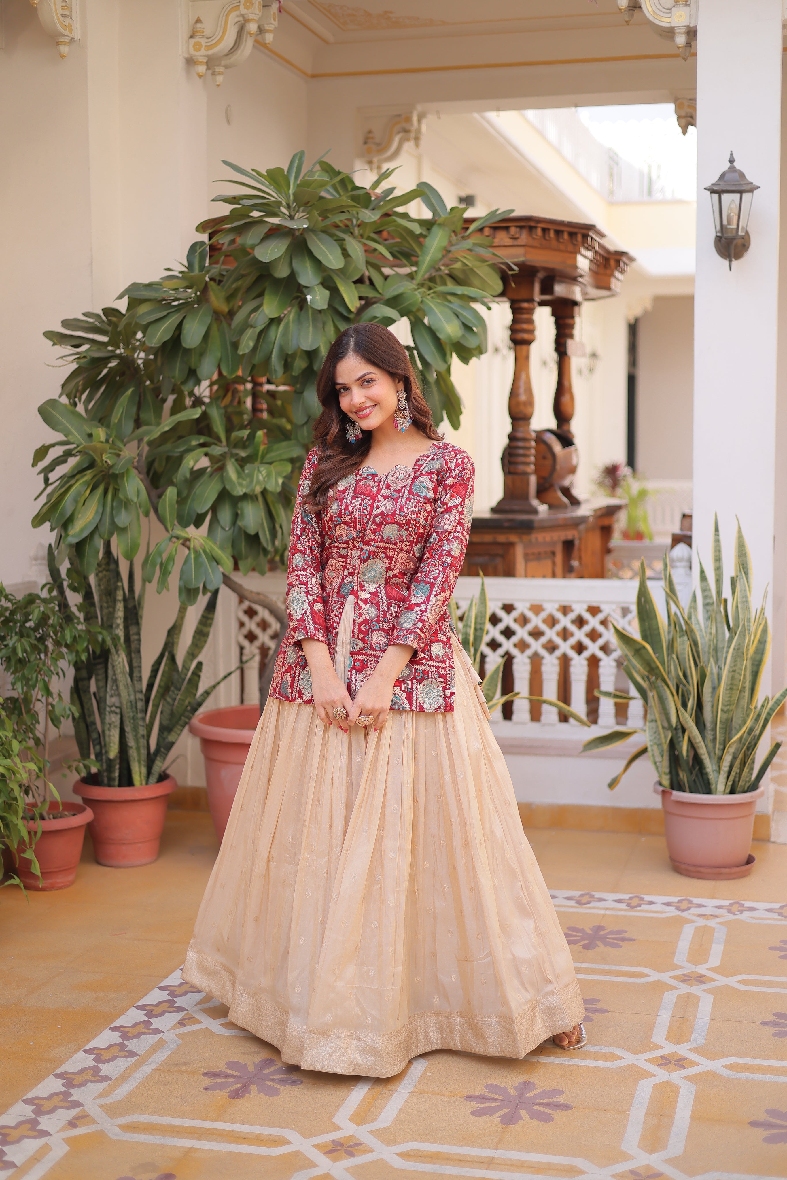 Nevara maroon cosmos weaving jacquard work lehenga choli