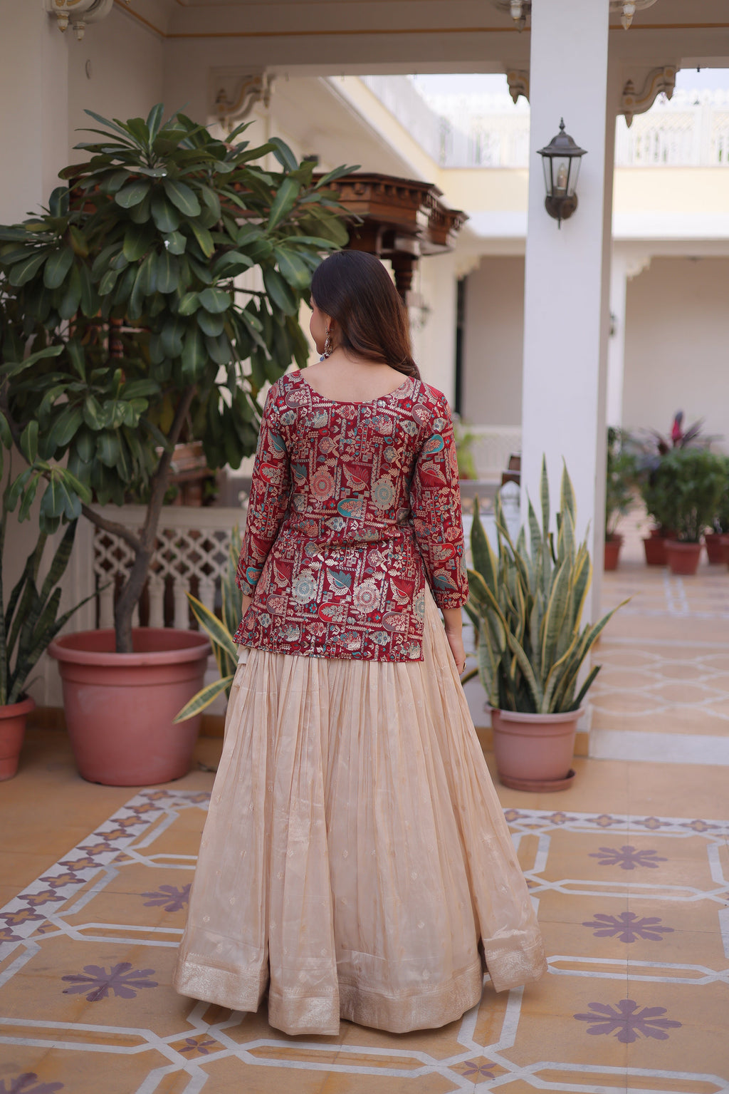 Nevara maroon cosmos weaving jacquard work lehenga choli