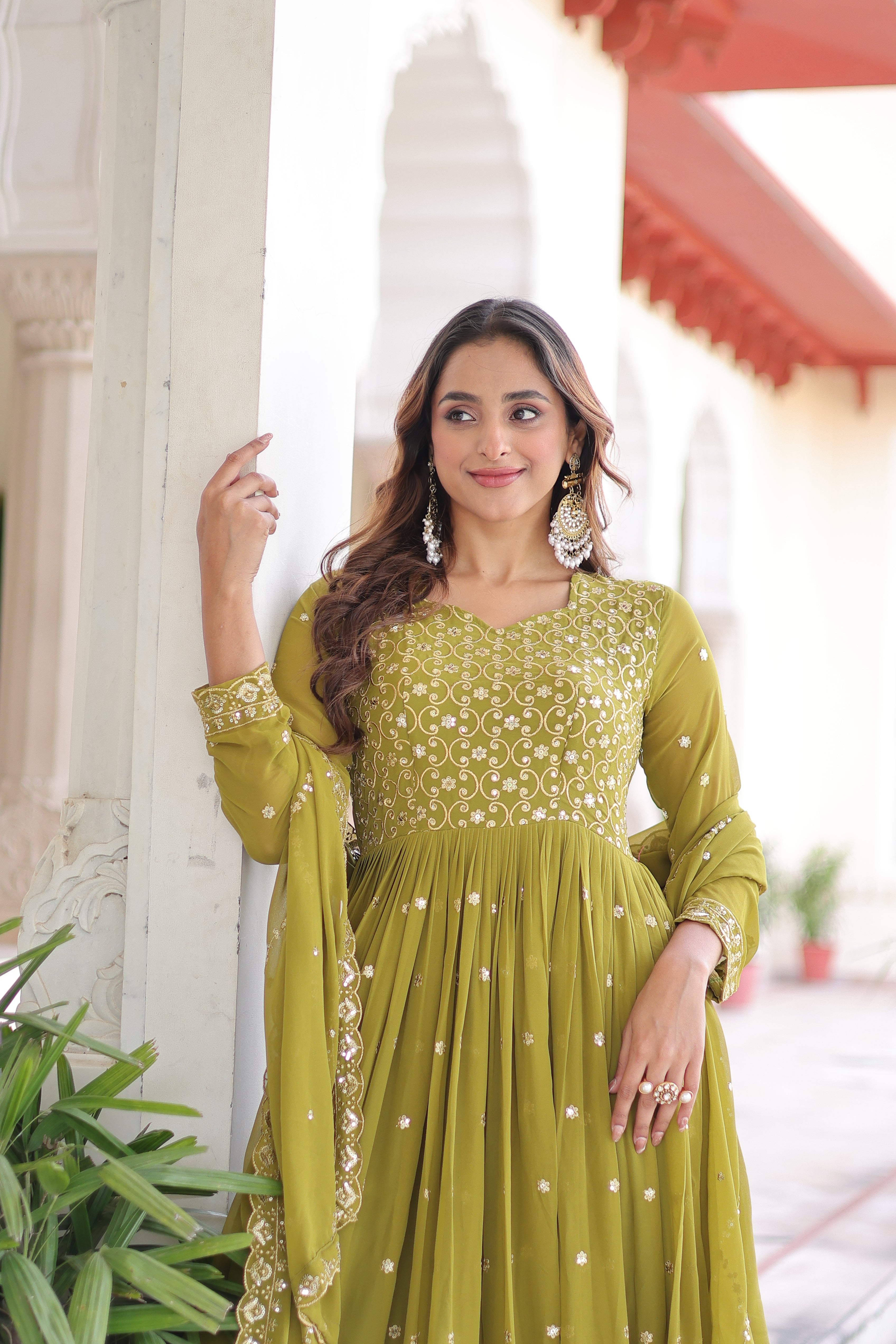 Aarini Green Color Faux Georgette Sequins Zari Embroidered Gown with Dupatta