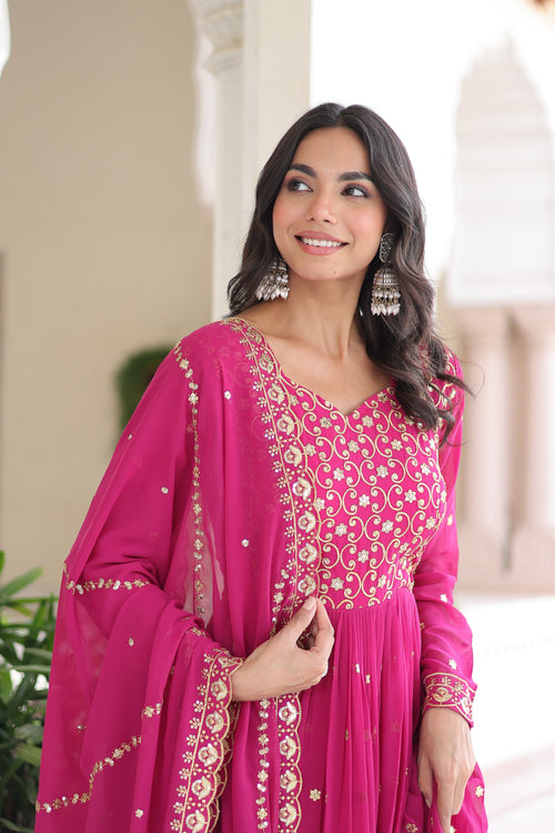 Aarini pink faux georgette gown with sequins zari embroidered work and dupatta