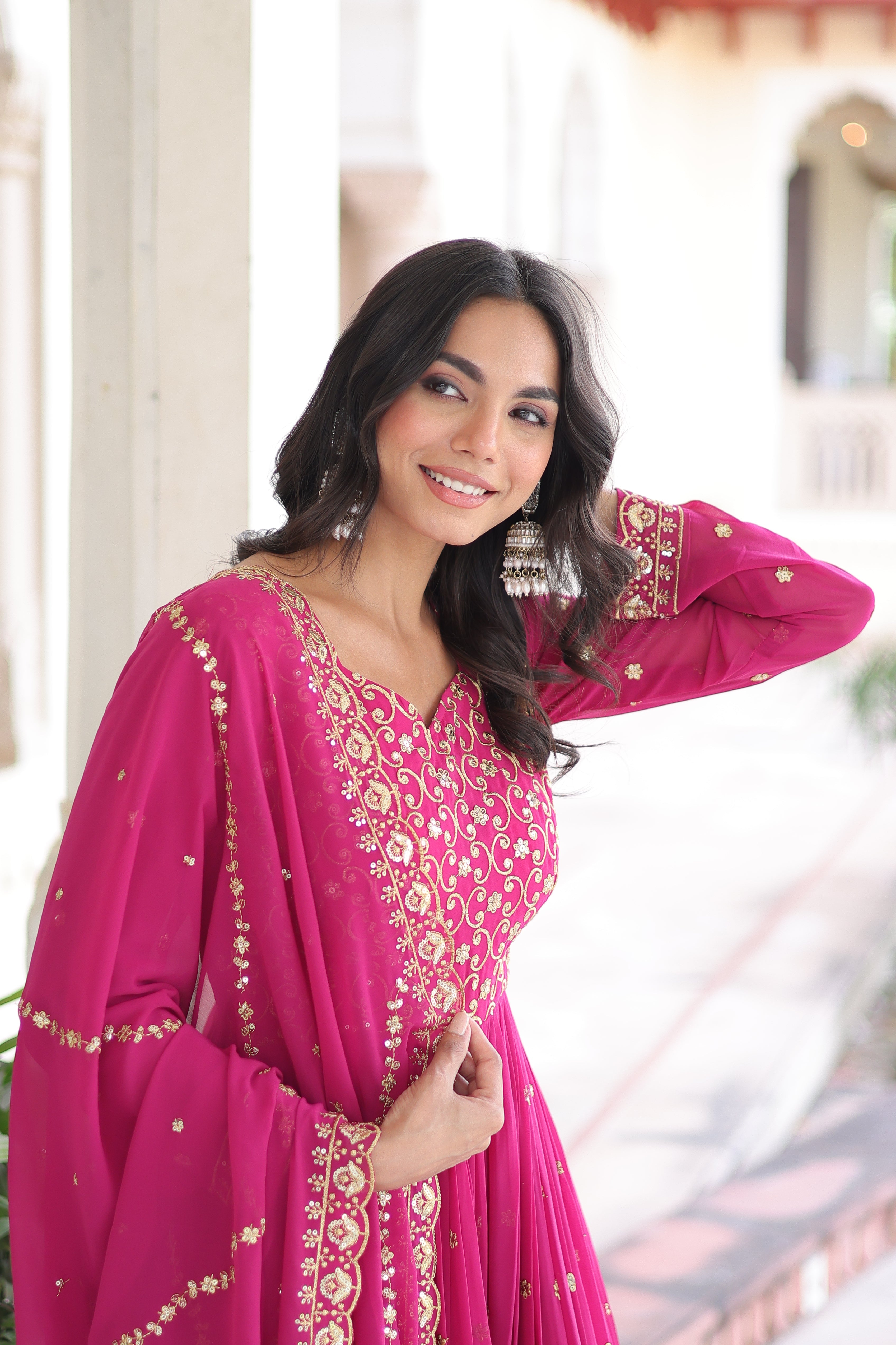 Aarini pink faux georgette gown with sequins zari embroidered work and dupatta