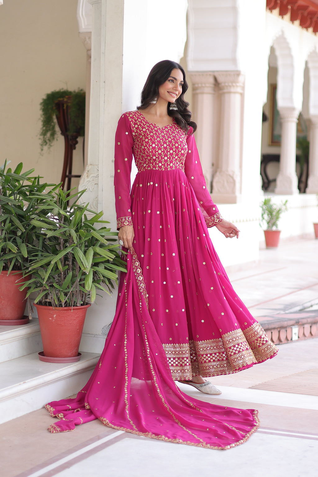 Aarini pink faux georgette gown with sequins zari embroidered work and dupatta